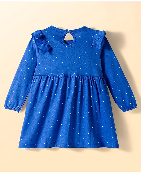 Babyhug Cotton Knit Full Sleeves Frock with Leggings with Butterfly Print Frill Detailing & Bow Applique - Blue