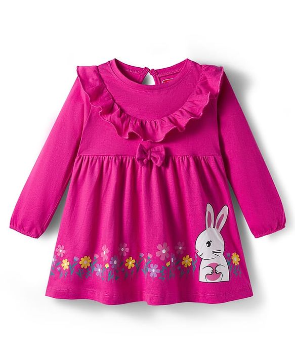 Babyhug Cotton Woven Full Sleeves Frock & Legging With Animal Print & Frill Detailing - Dark Pink & Pink