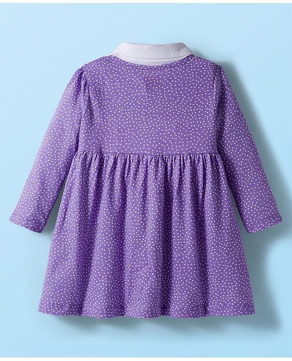 Babyhug Cotton Knit Full Sleeves Polka Dot Printed Frock With Leggings & Floral Sling Bag - Purple