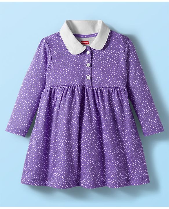 Babyhug Cotton Knit Full Sleeves Polka Dot Printed Frock With Leggings & Floral Sling Bag - Purple