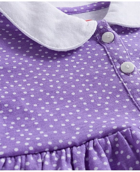 Babyhug Cotton Knit Full Sleeves Polka Dot Printed Frock With Leggings & Floral Sling Bag - Purple