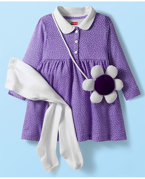 Babyhug Cotton Knit Full Sleeves Polka Dot Printed Frock With Leggings & Floral Sling Bag - Purple