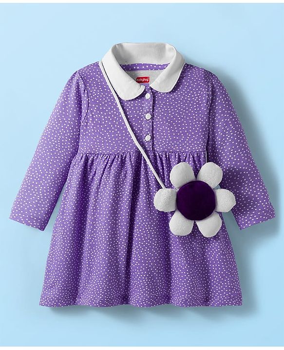 Babyhug Cotton Knit Full Sleeves Polka Dot Printed Frock With Leggings & Floral Sling Bag - Purple