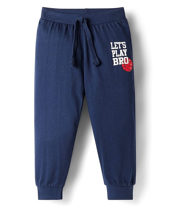 Babyhug Single Jersey Knit Full Length Lounge Pant with Let's Play Bro Text Print - Navy Blue