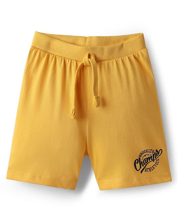 Babyhug Single Jersey Knit Mid Thigh Shorts With Champs Text Print - Yellow