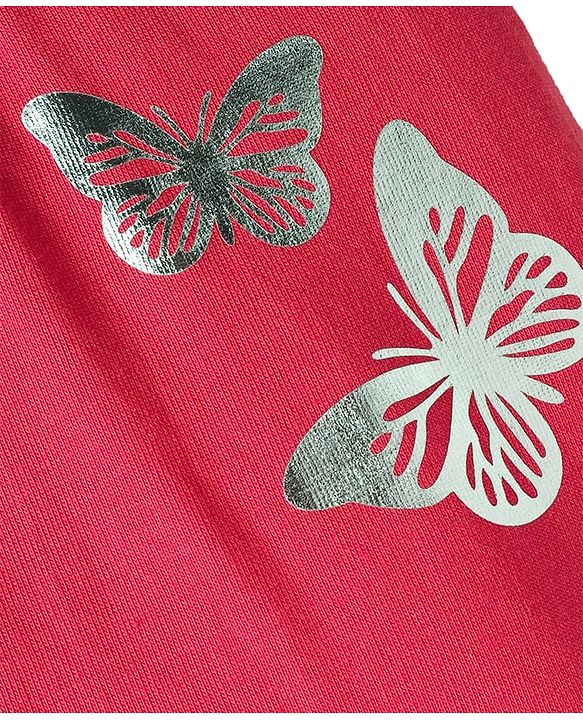 Babyhug Single Jersey Knit Full Length Lounge Pant with Bow Applique & Butterfly Print - Red