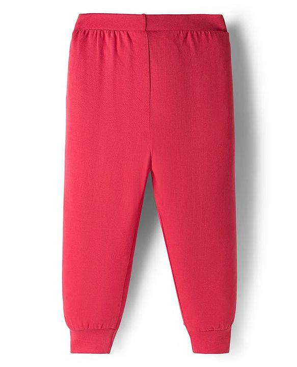 Babyhug Single Jersey Knit Full Length Lounge Pant with Bow Applique & Butterfly Print - Red