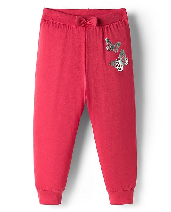 Babyhug Single Jersey Knit Full Length Lounge Pant with Bow Applique & Butterfly Print - Red