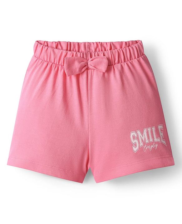 Babyhug Single Jersey Knit Mid Thigh Length Shorts With Bow Applique & Smile Text Print - Pink