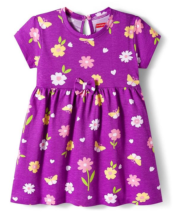 Babyhug Single Jersey Knit Half Sleeves Floral Printed Frocks with Bow Applique Pack of 2 - Pink & Purple