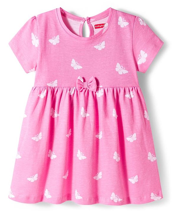 Babyhug Single Jersey Knit Half Sleeves Floral Printed Frocks with Bow Applique Pack of 2 - Pink & Purple