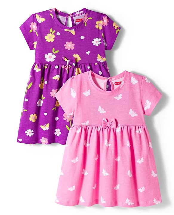 Babyhug Single Jersey Knit Half Sleeves Floral Printed Frocks with Bow Applique Pack of 2 - Pink & Purple
