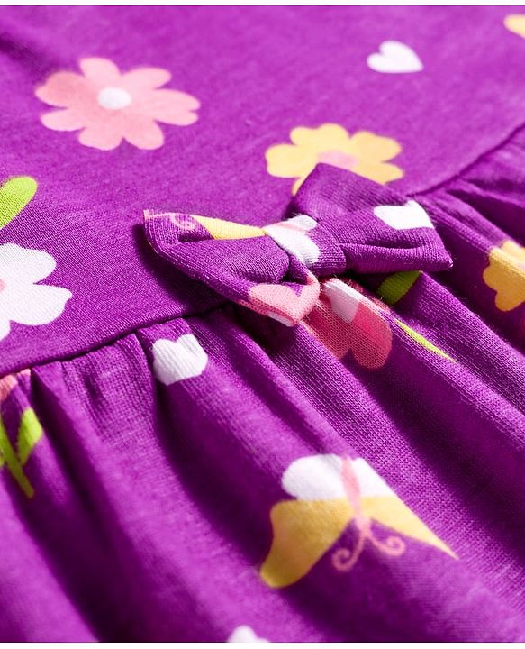 Babyhug Single Jersey Knit Half Sleeves Floral Printed Frocks with Bow Applique Pack of 2 - Pink & Purple