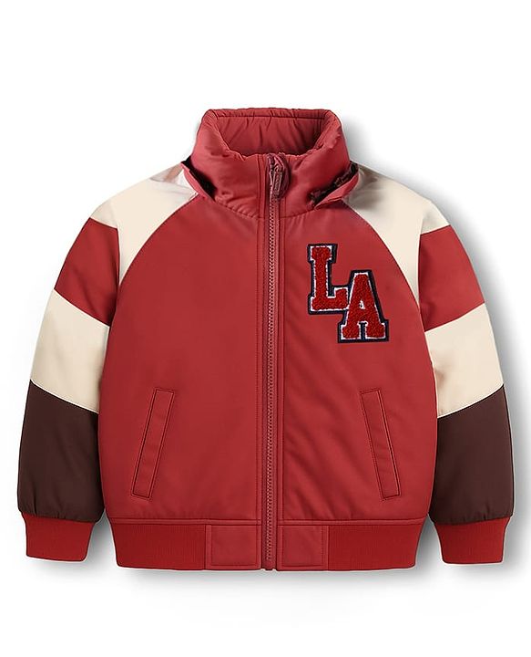 Babyhug Woven Full Raglan Sleeves Hooded Paaded Jacket with Patch Detailing - Brown