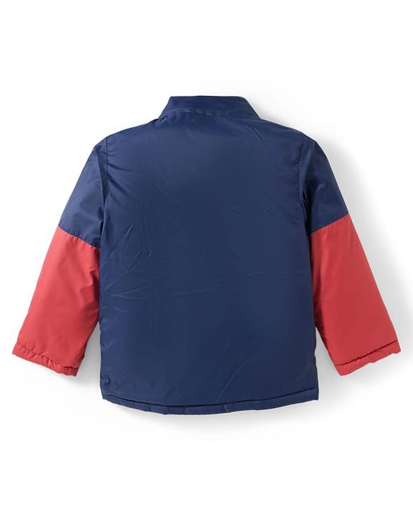 Babyhug Woven Full Sleeves Padded Jacket With Badge Detailing & Detachable Hood - Navy Blue & Brown