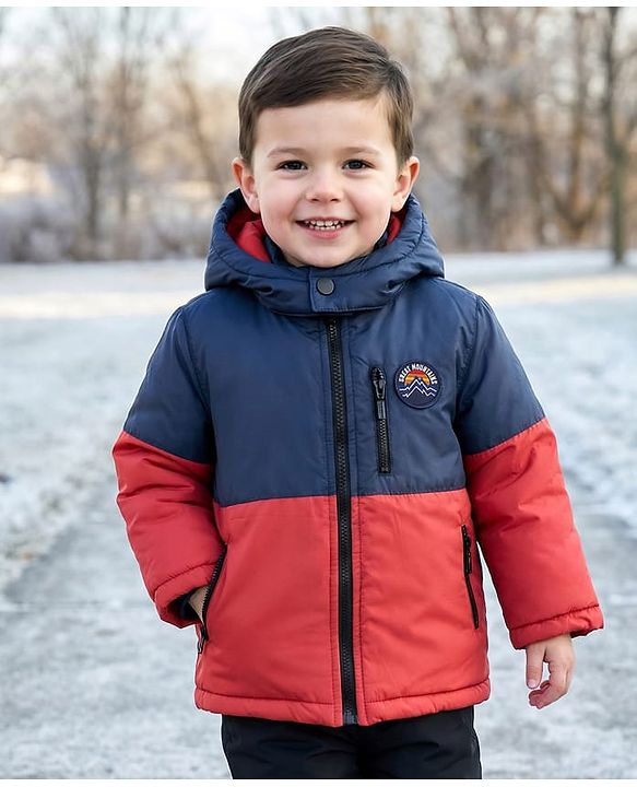 Babyhug Woven Full Sleeves Padded Jacket With Badge Detailing & Detachable Hood - Navy Blue & Brown