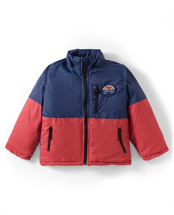 Babyhug Woven Full Sleeves Padded Jacket With Badge Detailing & Detachable Hood - Navy Blue & Brown