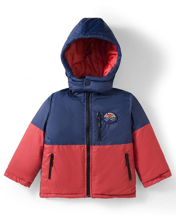 Babyhug Woven Full Sleeves Padded Jacket With Badge Detailing & Detachable Hood - Navy Blue & Brown