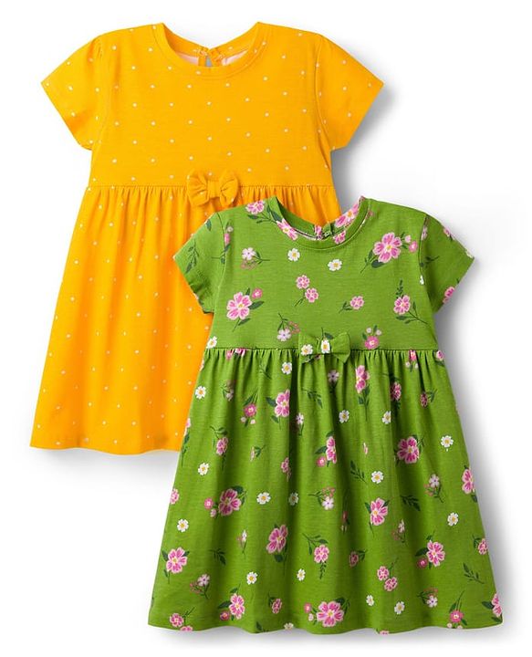 Babyhug Single Jersey Knit Half Sleeves Frocks With Floral Print Pack Of 2 - Yellow & Green