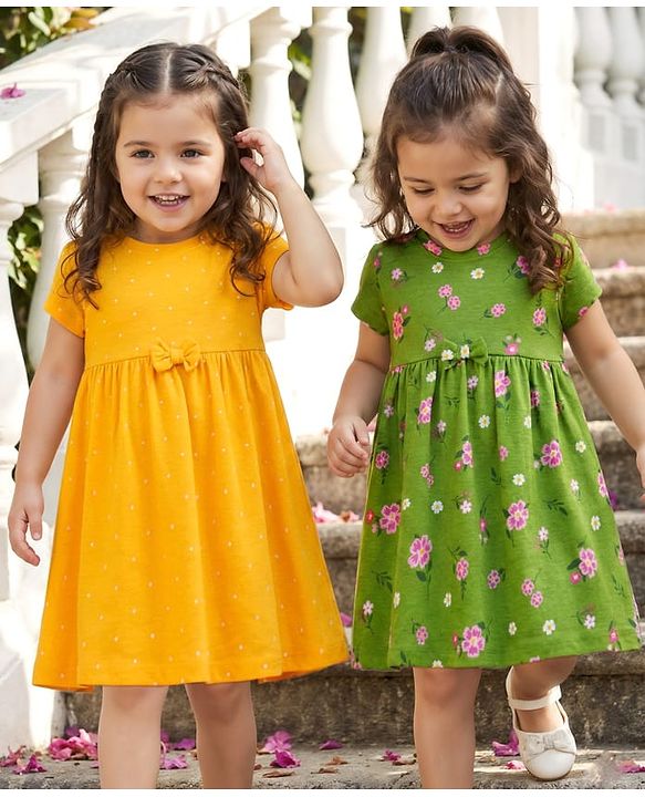 Babyhug Single Jersey Knit Half Sleeves Frocks With Floral Print Pack Of 2 - Yellow & Green