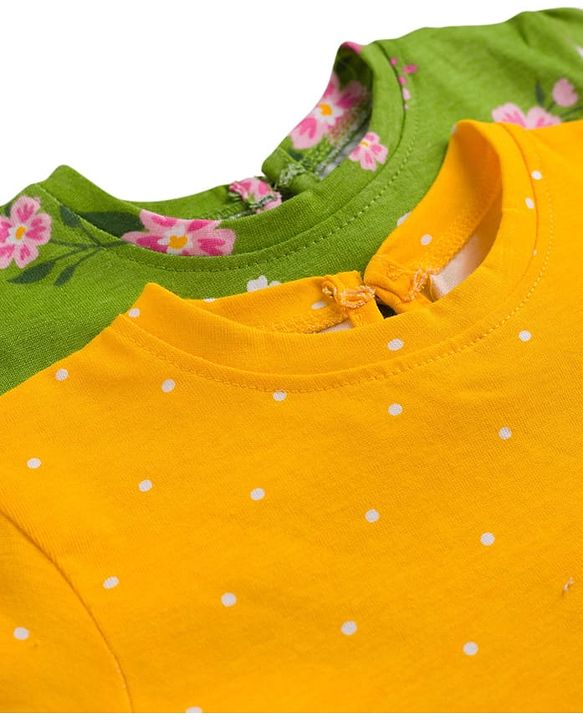 Babyhug Single Jersey Knit Half Sleeves Frocks With Floral Print Pack Of 2 - Yellow & Green
