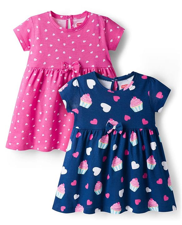 Babyhug Single Jersey Knit Half Sleeves Frock with Heart Print Pack of 2 - Navy & Pink