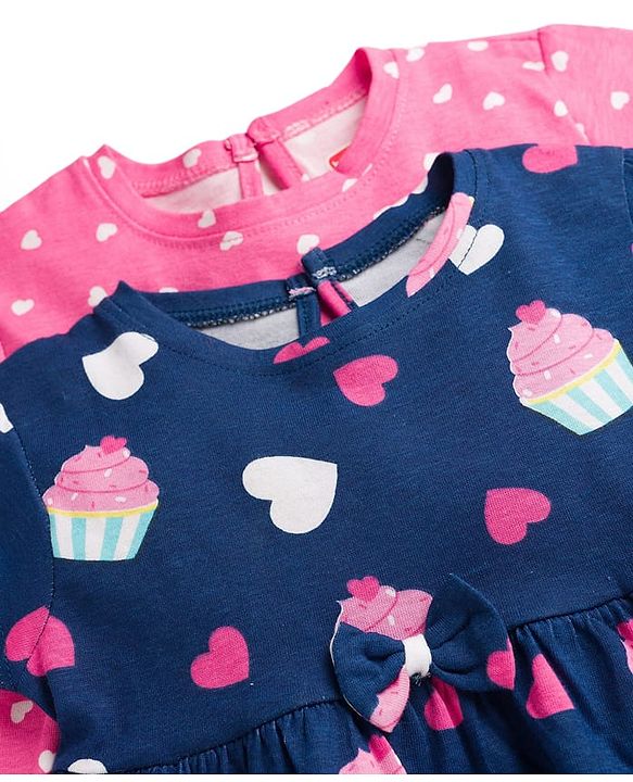 Babyhug Single Jersey Knit Half Sleeves Frock with Heart Print Pack of 2 - Navy & Pink
