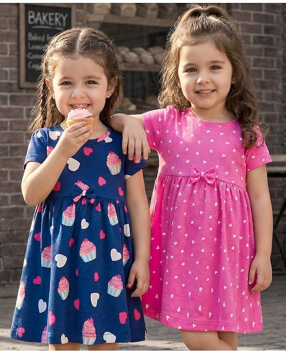 Babyhug Single Jersey Knit Half Sleeves Frock with Heart Print Pack of 2 - Navy & Pink
