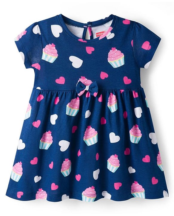 Babyhug Single Jersey Knit Half Sleeves Frock with Heart Print Pack of 2 - Navy & Pink