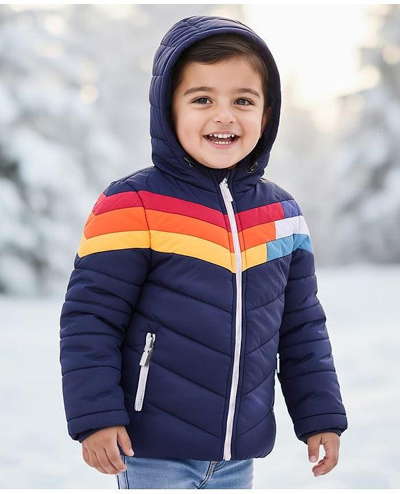 Babyhug Woven Full Sleeves Hooded Padded Jacket With Color Block Design - Navy Blue