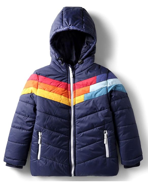Babyhug Woven Full Sleeves Hooded Padded Jacket With Color Block Design - Navy Blue