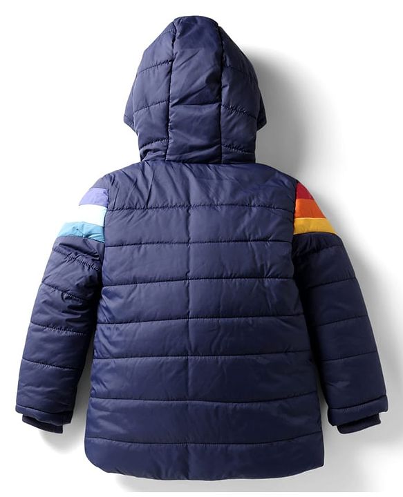 Babyhug Woven Full Sleeves Hooded Padded Jacket With Color Block Design - Navy Blue
