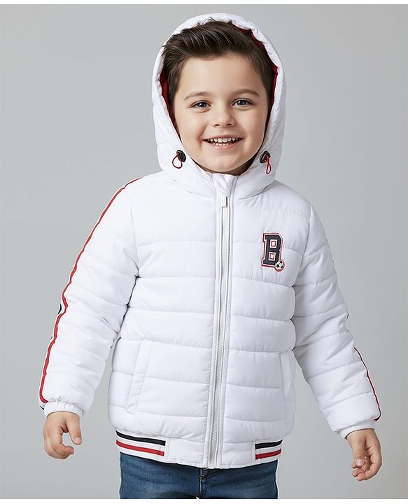 Babyhug Woven Full Sleeves Hooded Padded Jacket With Alphabet Embroidery - White