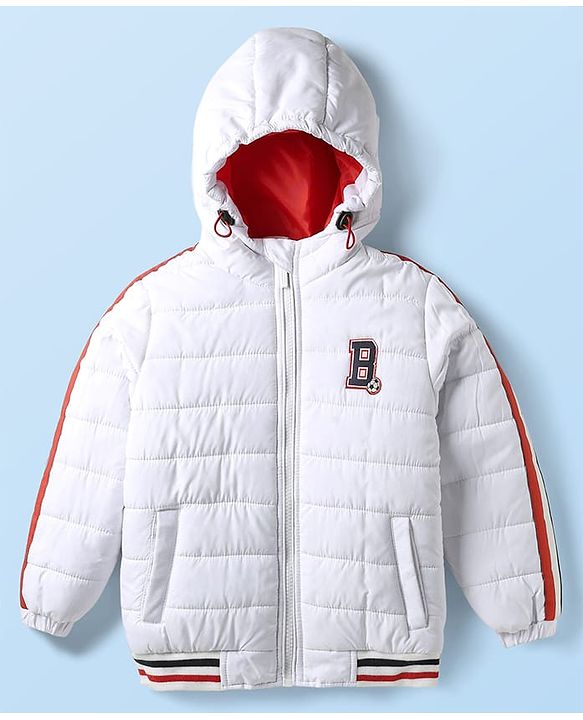 Babyhug Woven Full Sleeves Hooded Padded Jacket With Alphabet Embroidery - White