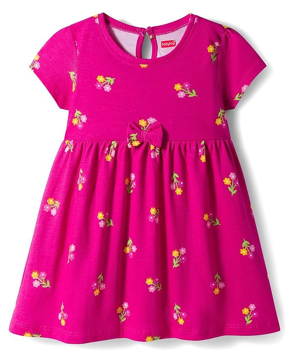 Babyhug Single Jersey Knit Half Sleeves Polka Dot & Floral Printed Frocks With Bow Applique Pack of 2 - Dark Pink & Navy Blue
