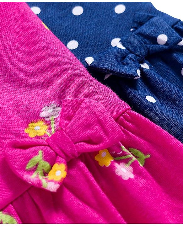 Babyhug Single Jersey Knit Half Sleeves Polka Dot & Floral Printed Frocks With Bow Applique Pack of 2 - Dark Pink & Navy Blue
