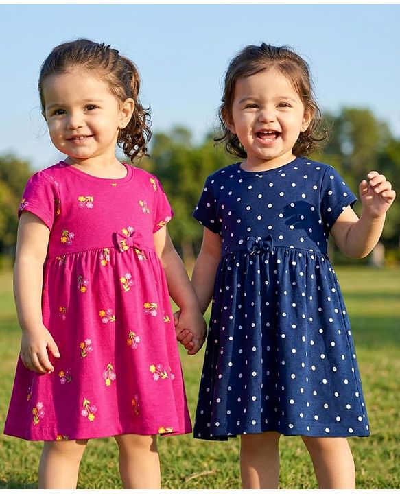 Babyhug Single Jersey Knit Half Sleeves Polka Dot & Floral Printed Frocks With Bow Applique Pack of 2 - Dark Pink & Navy Blue