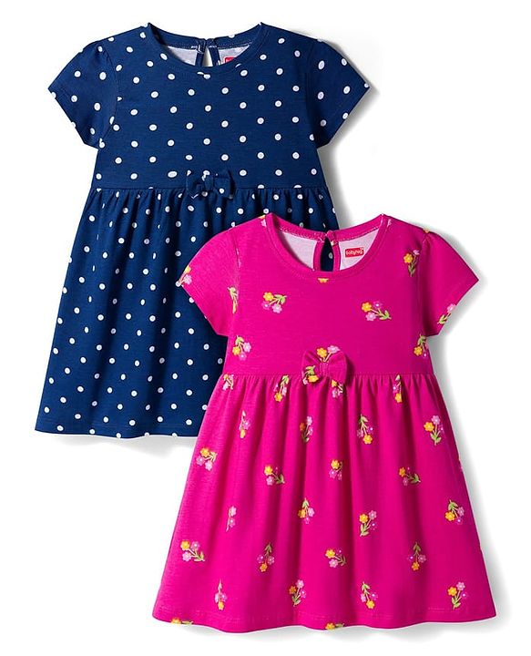 Babyhug Single Jersey Knit Half Sleeves Polka Dot & Floral Printed Frocks With Bow Applique Pack of 2 - Dark Pink & Navy Blue