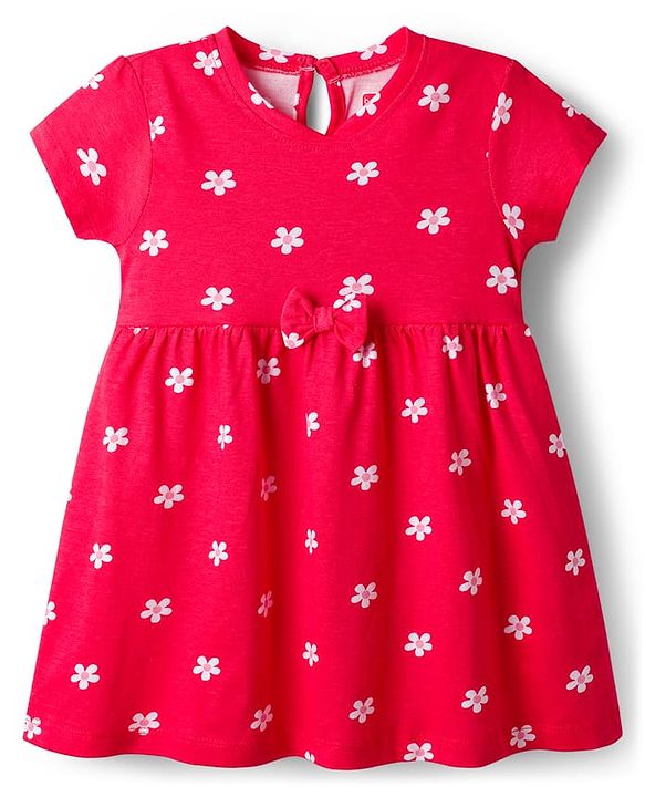 Babyhug Single Jersey Knit Half Sleeves Frocks with Bow Applique & Floral Detailing Pack of 2 - Red & Navy Blue