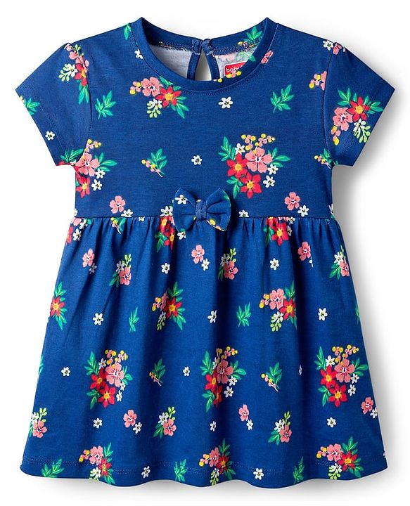Babyhug Single Jersey Knit Half Sleeves Frocks with Bow Applique & Floral Detailing Pack of 2 - Red & Navy Blue