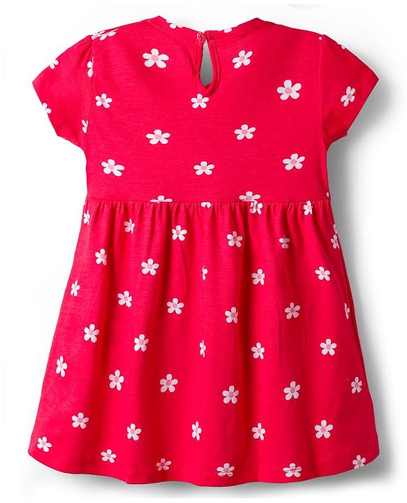 Babyhug Single Jersey Knit Half Sleeves Frocks with Bow Applique & Floral Detailing Pack of 2 - Red & Navy Blue