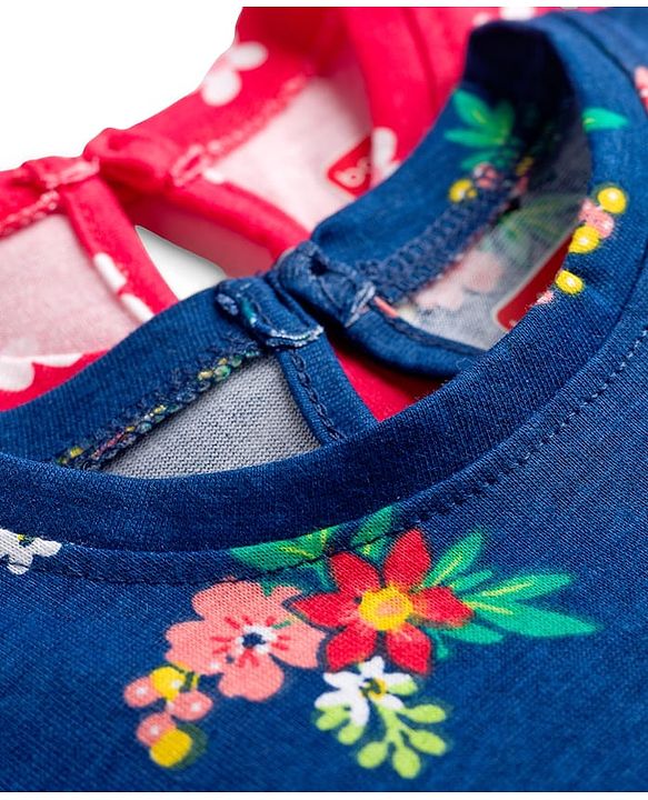 Babyhug Single Jersey Knit Half Sleeves Frocks with Bow Applique & Floral Detailing Pack of 2 - Red & Navy Blue