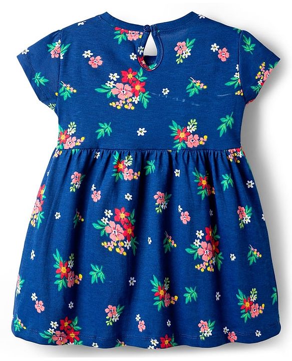 Babyhug Single Jersey Knit Half Sleeves Frocks with Bow Applique & Floral Detailing Pack of 2 - Red & Navy Blue