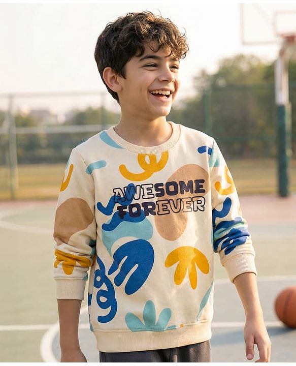 Pine Kids Knit Full Sleeves Sweatshirt With Awesome Forever Text Print - Cream