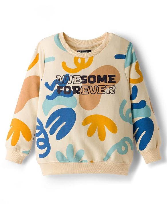 Pine Kids Knit Full Sleeves Sweatshirt With Awesome Forever Text Print - Cream