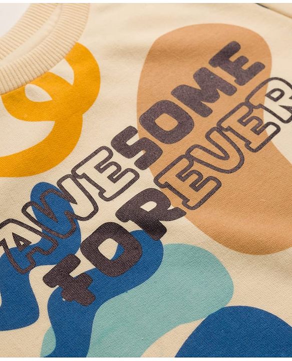 Pine Kids Knit Full Sleeves Sweatshirt With Awesome Forever Text Print - Cream