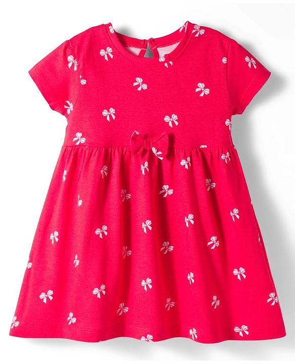 Babyhug Single Jersey Knit Half Sleeves Heart & Bow Printed Frocks With Bow Applique Pack of 2 - Navy Blue & Dark Pink