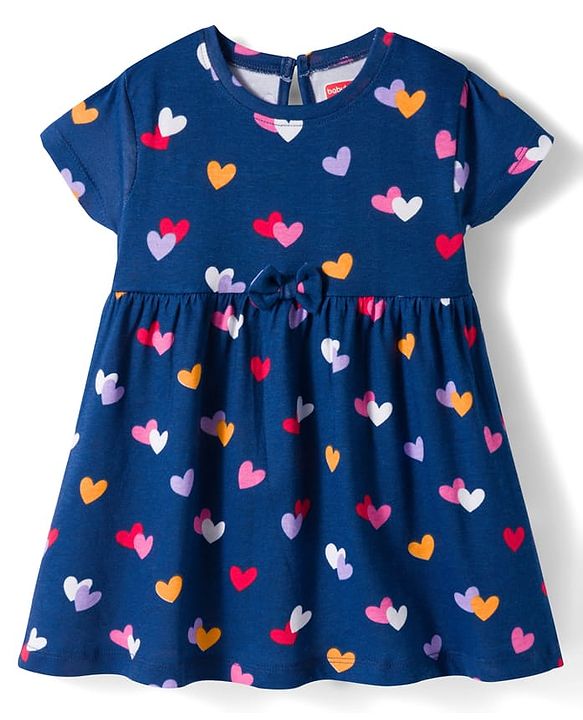Babyhug Single Jersey Knit Half Sleeves Heart & Bow Printed Frocks With Bow Applique Pack of 2 - Navy Blue & Dark Pink