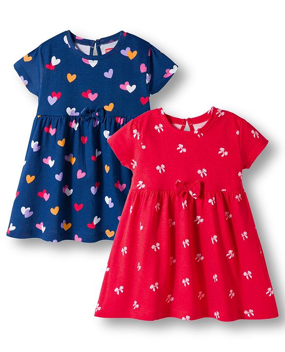 Babyhug Single Jersey Knit Half Sleeves Heart & Bow Printed Frocks With Bow Applique Pack of 2 - Navy Blue & Dark Pink