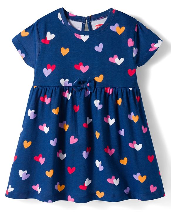 Babyhug Single Jersey Knit Half Sleeves Heart & Bow Printed Frocks With Bow Applique Pack of 2 - Navy Blue & Dark Pink